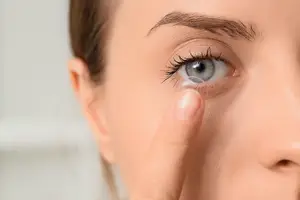 A woman is trying to put in a contact lens in her eye while looking in the mirror