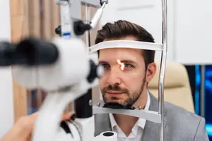 A man is having his eyes checked by an eye doctor using an ophthalmoscope