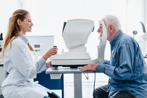 An elderly man getting his eyes examined by a young female optometrist