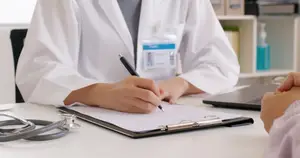 A doctor in a white coat is writing on a clipboard while sitting at a desk in a clinic.