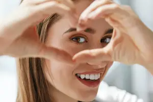 A smiling woman wearing a white shirt makes a heart shape with her hands around her eyes.