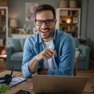 A man is smiling while sitting in front of a desk with a laptop and headphones on it.