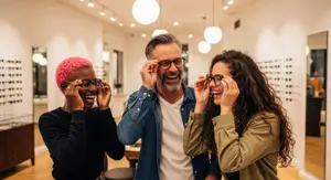 Three people in an optical shop, trying on glasses and smiling.