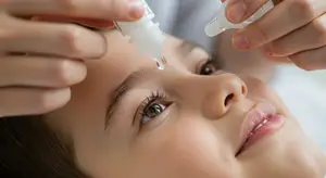 A woman is having her eyes checked by a doctor using a dropper.