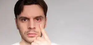 A man with red eyes and a finger on his nose.