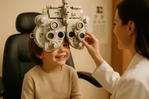 A woman is helping a young boy adjust an eye exam machine as she looks into his eyes.