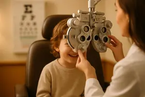 A young boy with a smiling face is getting his eyes checked by an optometrist in an optical clinic