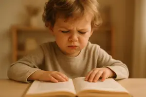 A young boy reads a book while sitting at a table in a room with a wooden shelf in the background.