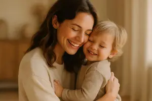 A smiling mother and her daughter hugging in a room