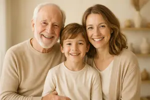 An elderly man and a woman with a boy are smiling and posing for a photograph inside a room