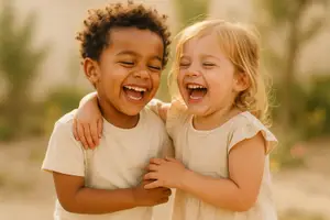 A boy and a girl are standing close to each other and laughing.