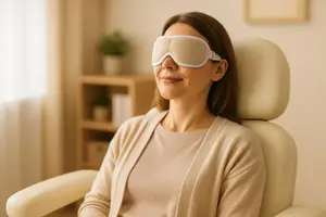 A woman wearing a dry eye mask is sitting on a chair and smiling with beige surroundings