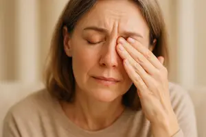 older woman rubbing her eye while eyes are closed