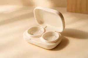 A closeup of an open lens case with a pair of soft contact lenses inside