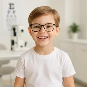 A smiling boy with glasses in a clinic room with a vision chart in the background