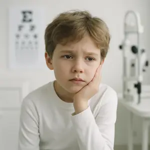 A boy is at the optometrist's office, wearing a white long-sleeve shirt and looking sad with his hand on his chin.