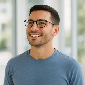 man wearing glasses and smiling with blue shirt 
