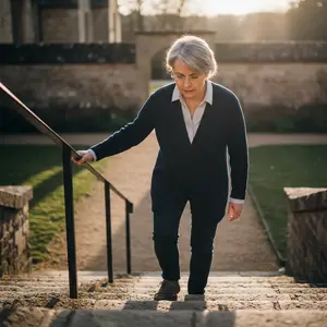 Elderly woman walking up the stairs with a handrail, wearing glasses and a sweater, with a blurred background of a stone wall and grass.