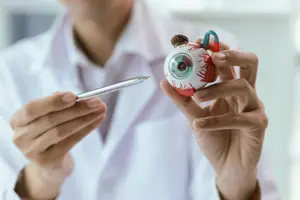 A doctor holds an eyeball model in their hands and points a pen at it