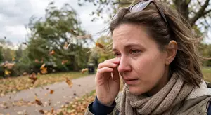 A woman standing in a park with fallen leaves, wearing a scarf and holding her face with her hand, possibly crying