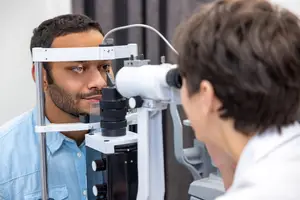 A man undergoing an eye examination with an optometrist using a slit lamp in a clinical setting.