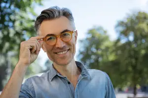 A man wearing eyeglasses is smiling and posing for a photo outdoors in a park.