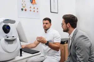 Two men are having a conversation in a medical office with an eye exam machine in the background.