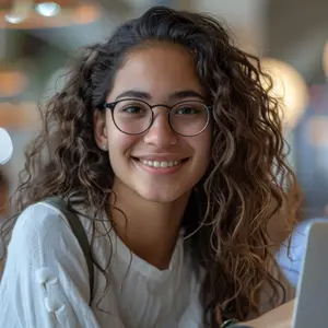 A smiling young woman with curly hair and glasses with a laptop on the table in front of her.