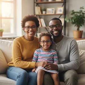 African American family of three sitting on a couch with a baby girl between a mother and father.