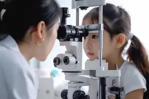 A young girl is getting her eyes checked by an optometrist in a white coat in a clinic.