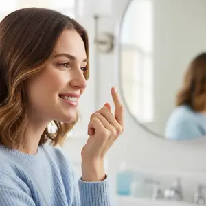 A woman in a blue sweater holds a contact lens on her index finger