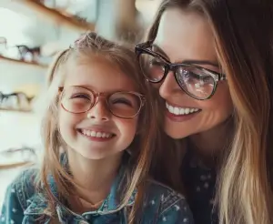 A smiling woman and a girl are wearing glasses and posing for a photo in an optician's shop
