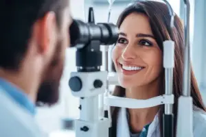 A woman is smiling while having her eyes examined by a man in a white coat using an ophthalmoscope.