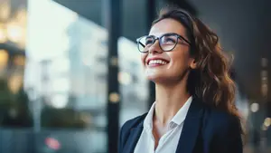 A smiling woman in glasses and a business suit standing outside a building.