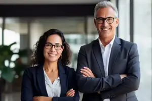 Two business people standing next to each other and smiling for a photo