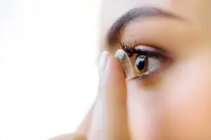 Close-up of a woman's eye wearing a contact lens.