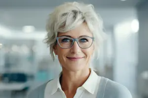Elegant mature woman with short white hair wearing glasses and smiling