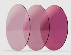 Three pink oval-shaped lenses with black edges are stacked on top of each other against a white background