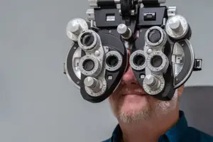 A man wearing a blue shirt is having his eyes examined with an optometrist's phoropter.