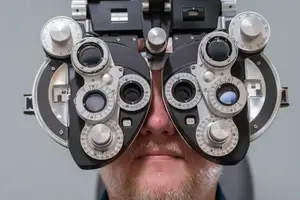 A man wearing an eye exam machine and smiling at the camera.