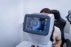 A woman is having her eye examined with a retinal camera in a clinic.