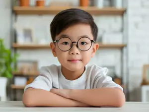 A young boy wearing glasses is sitting on a table with his arms crossed and smiling.