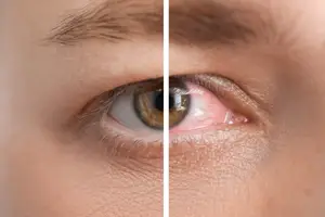 Close up of person's eye showing symptoms of conjunctivitis, one eye red and inflamed, the other normal