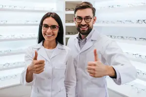 Two people in white lab coats standing next to each other in front of shelves of glasses