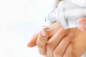 A woman is applying contact lens solution to a lens in her hand.