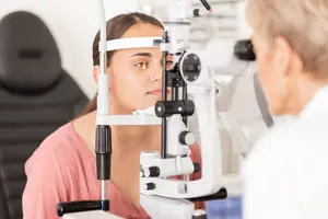 A young woman is having her eyes examined by a woman doctor in a clinic room