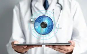 A doctor displays an eye image on a tablet.