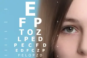 An eye chart for testing vision with a woman's face partially visible on the right side at North Coast Eye Care in Amherst, OH