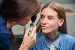 A woman having her eye exam at North Coast Eye Care in Amherst, OH
