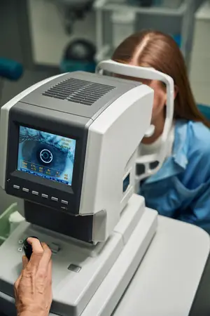 A woman getting her eye exam at North Coast Eye Care in North Ridgeville, OH